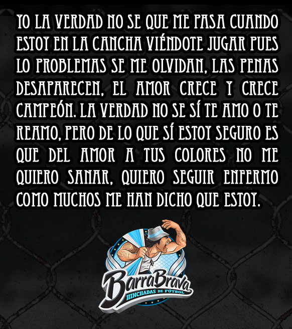 Yo la verdad no se que me pasa cuando estoy en la cancha viéndote jugar pues lo problemas se me olvidan, las penas desaparecen, el amor crece y crece campeón. La verdad no se sí te amo o te reamo, pero de lo que sí estoy seguro es que del amor a tus colores no me quiero sanar, quiero seguir enfermo como muchos me han dicho que estoy.